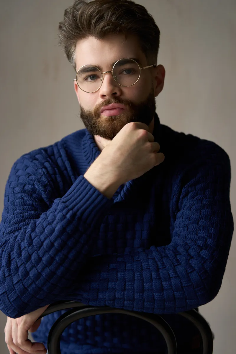 Portrait & blue cardigan